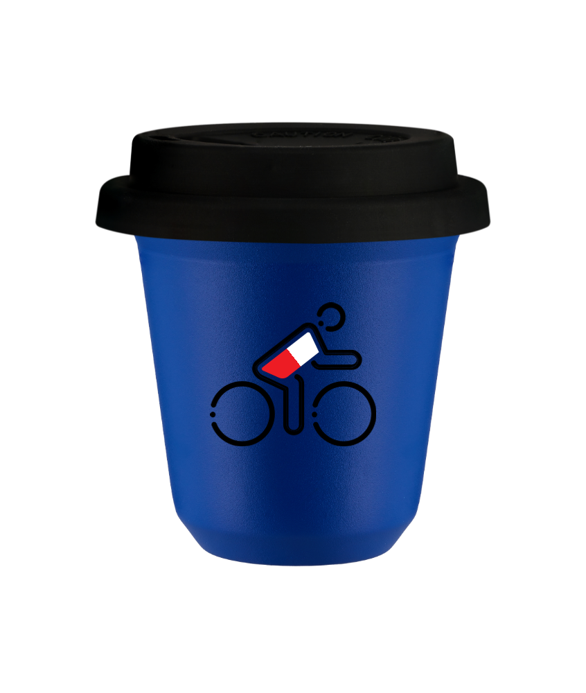 Tasse 240 ml BLEU "Cycliste aux couleurs polonaises (noir)", avec couvercle noir