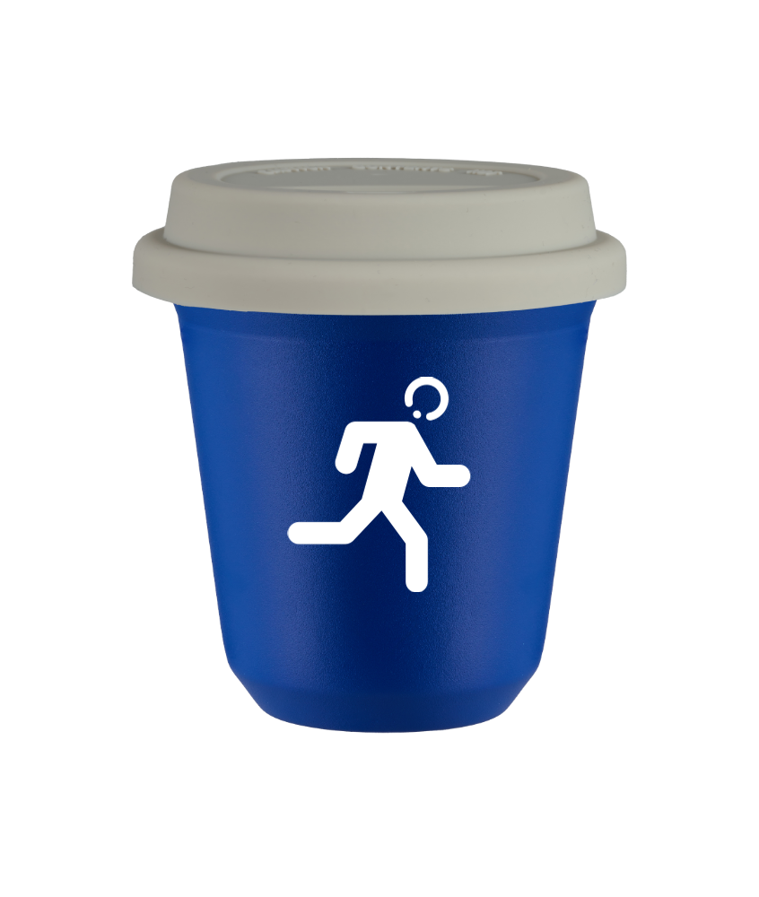 Tasse 240 ml BLEU "Coureur (blanc)", avec couvercle blanc Tasse 240 ml BLEU "Coureur (blanc)", avec couvercle blanc