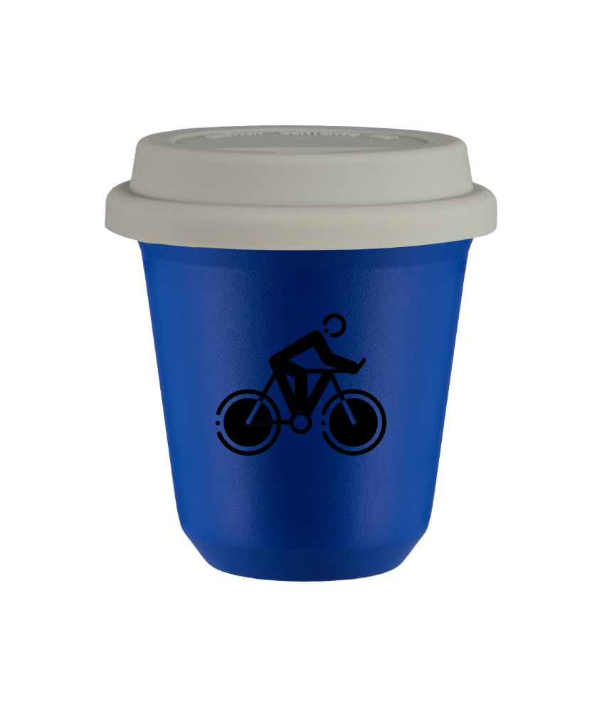 Tasse 240 ml BLEU "Cyclisme 2", avec couvercle blanc