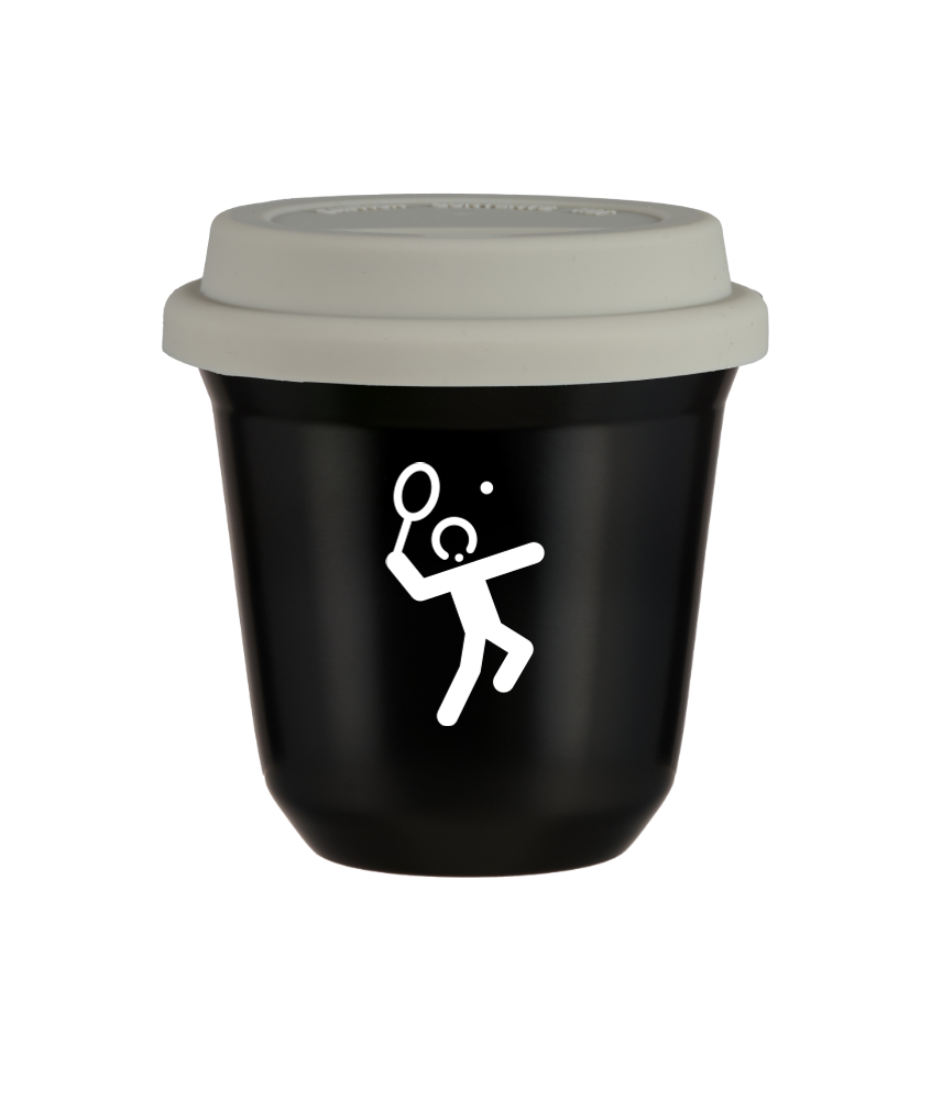 Tasse 240 ml NOIR "Tennis 2 (blanc)", avec couvercle blanc