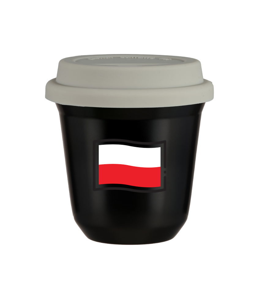 Tasse 240 ml NOIR "Drapeau polonais (noir)", avec couvercle blanc Tasse 240 ml NOIR "Drapeau polonais (noir)", avec couvercle blanc