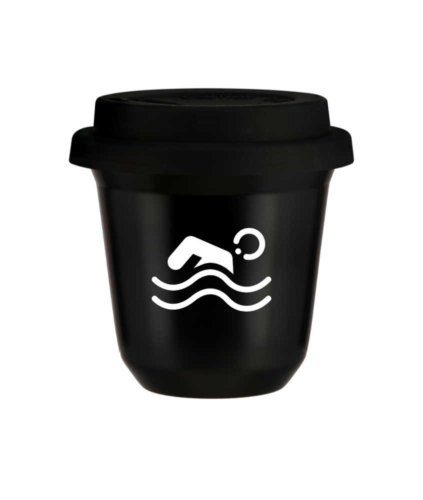 Tasse 240 ml NOIR "Natation (blanc)", avec couvercle noir