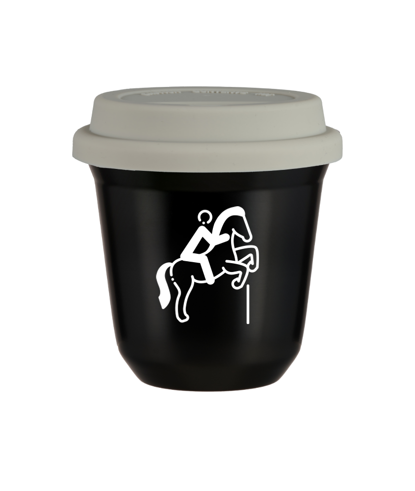Tasse 240 ml NOIR "Équitation 1 (blanc)", avec couvercle blanc
