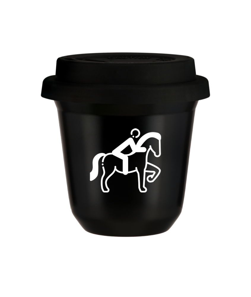Tasse 240 ml NOIR "Équitation 2 (blanc)", avec couvercle noir Tasse 240 ml NOIR "Équitation 2 (blanc)", avec couvercle noir
