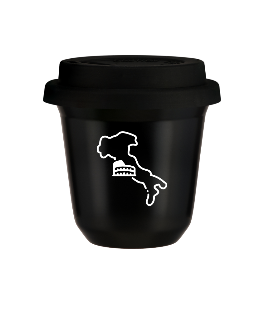 Tasse 240 ml NOIR "Italie (blanc)", avec couvercle noir Tasse 240 ml NOIR "Italie (blanc)", avec couvercle noir