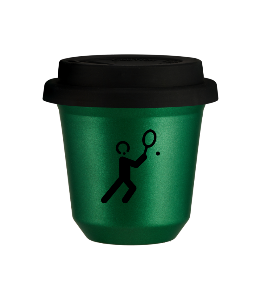 Tasse 240 ml VERT MÉTALLIQUE "Tennis 1 (noir)", avec couvercle noir Tasse 240 ml VERT MÉTALLIQUE "Tennis 1 (noir)", avec couvercle noir