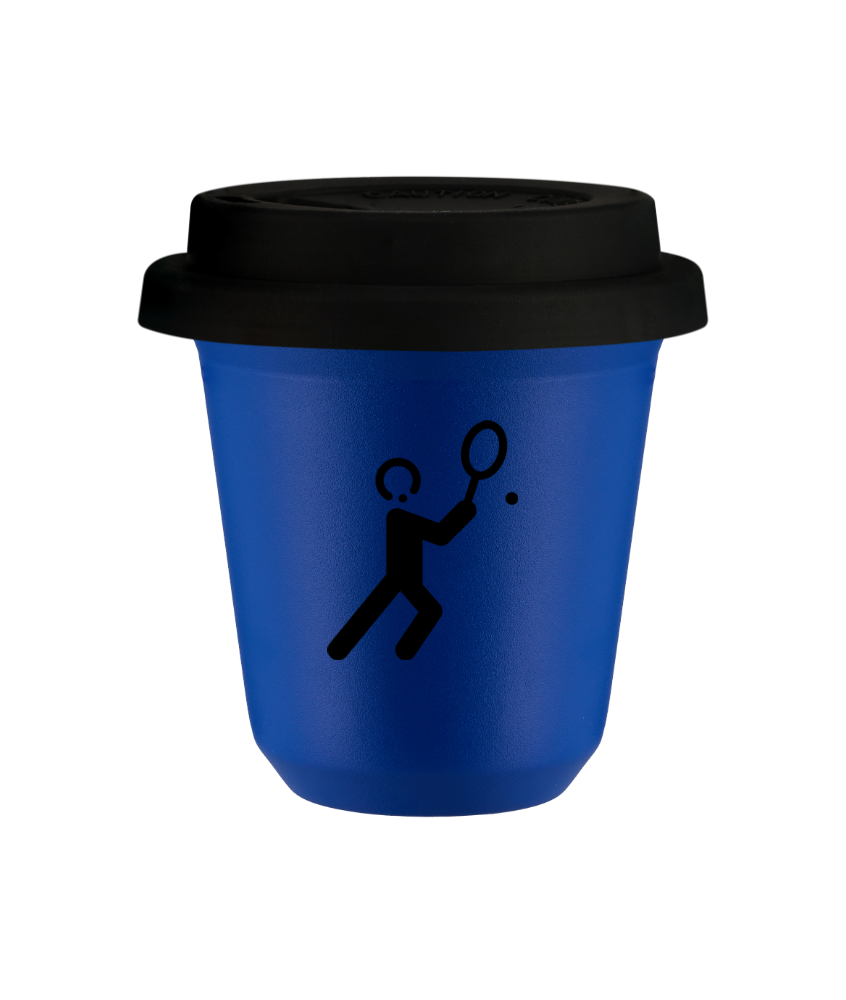 Tasse 80 ml BLEU "Tennis 1 (noir)", avec couvercle noir