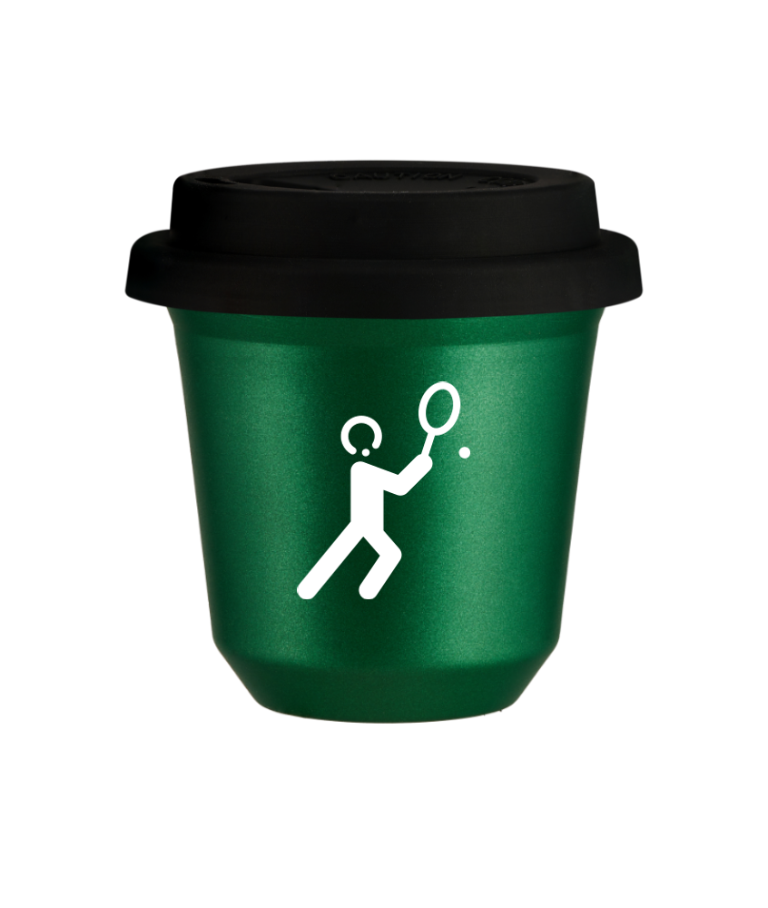 Tasse 240 ml VERT MÉTALLIQUE "Tennis 1 (blanc)", avec couvercle noir Tasse 240 ml VERT MÉTALLIQUE "Tennis 1 (blanc)", avec couvercle noir