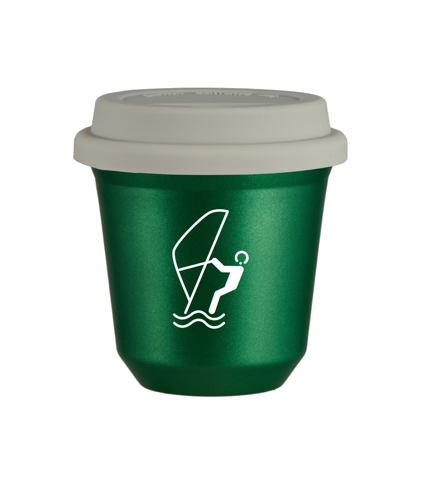 Tasse 240 ml VERT MÉTALLIQUE "Sports nautiques (blanc)", avec couvercle blanc Tasse 240 ml VERT MÉTALLIQUE "Sports nautiques (blanc)", avec couvercle blanc
