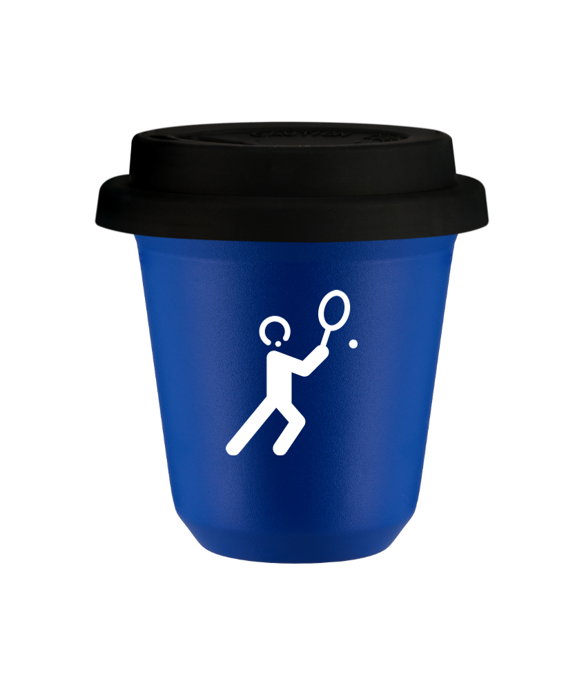 Tasse 80 ml BLEU "Tennis 1 (blanc)", avec couvercle noir