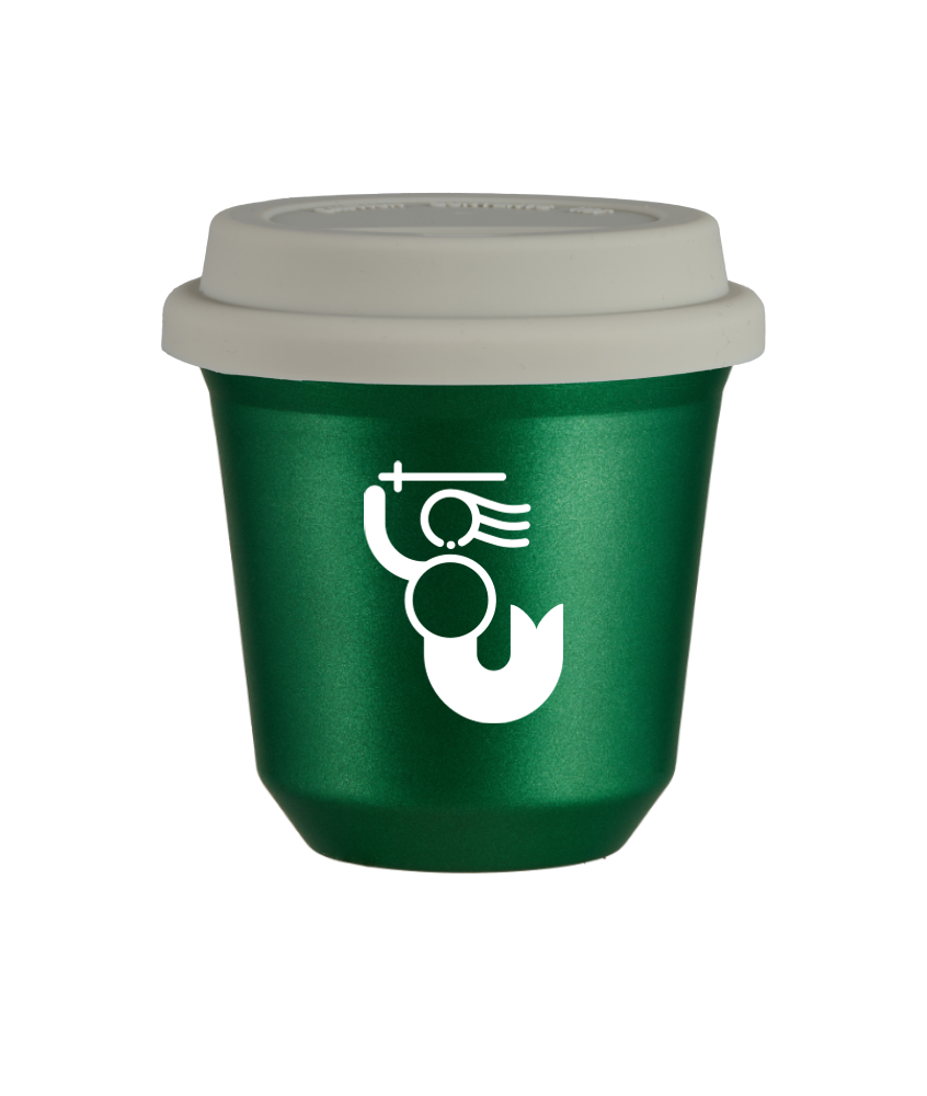 Tasse 240 ml VERT MÉTALLIQUE "WARSZAWSKA SYRENKA (blanc)", avec couvercle blanc Tasse 240 ml VERT MÉTALLIQUE "WARSZAWSKA SYRENKA (blanc)", avec couvercle blanc