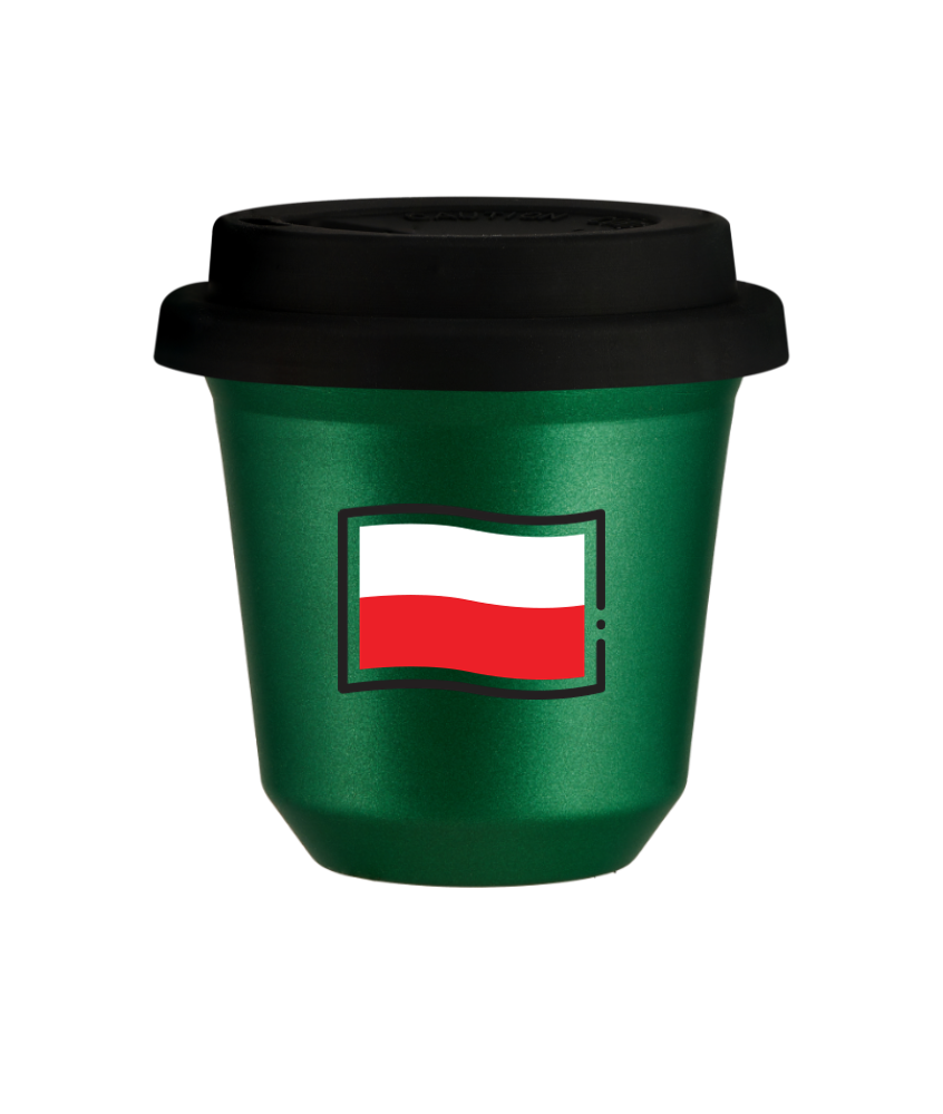 Tasse 240 ml VERT MÉTALLIQUE "Drapeau polonais (noir)", avec couvercle noir