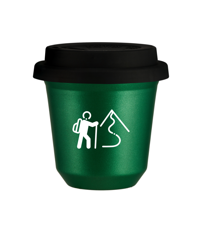 Tasse 240 ml VERT MÉTALLIQUE "Escalade 2 (blanc)", avec couvercle noir Tasse 240 ml VERT MÉTALLIQUE "Escalade 2 (blanc)", avec couvercle noir