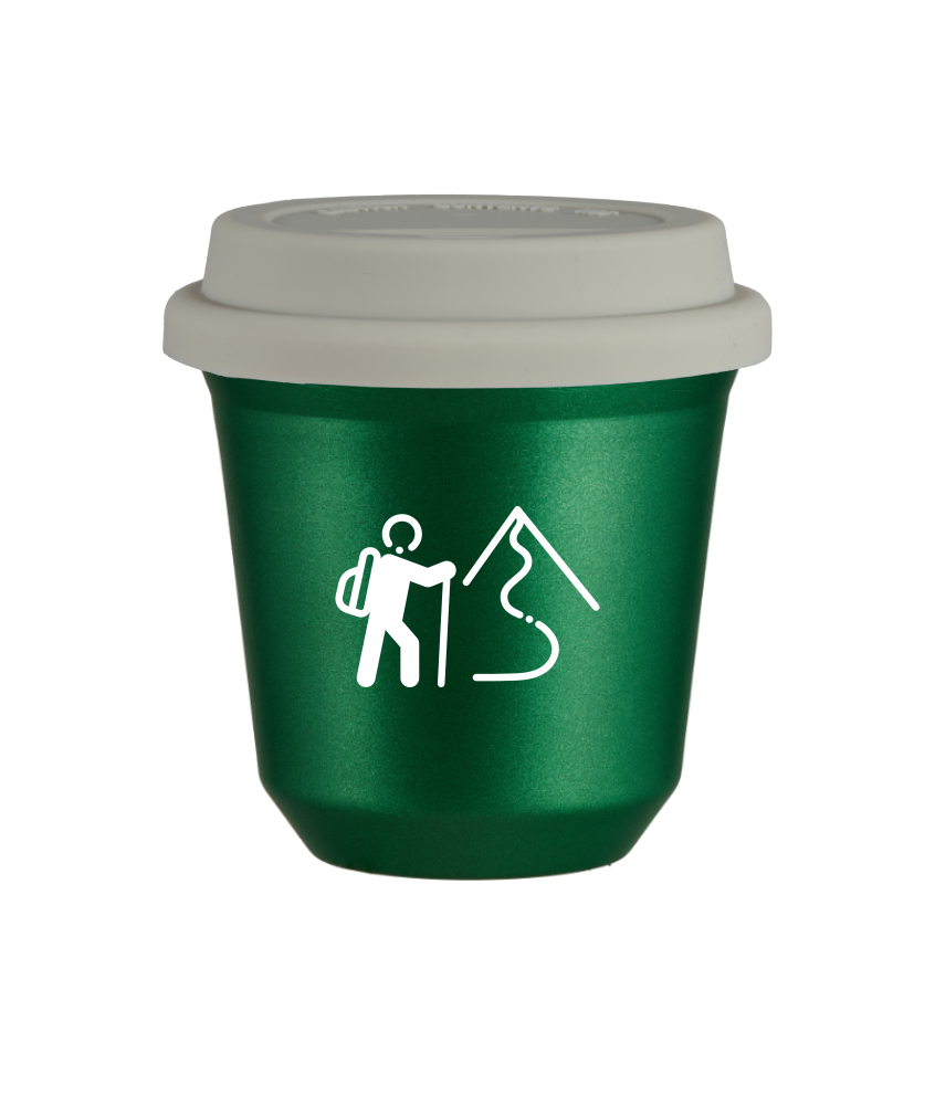 Tasse 240 ml VERT MÉTALLIQUE "Escalade 2 (blanc)", avec couvercle blanc Tasse 240 ml VERT MÉTALLIQUE "Escalade 2 (blanc)", avec couvercle blanc