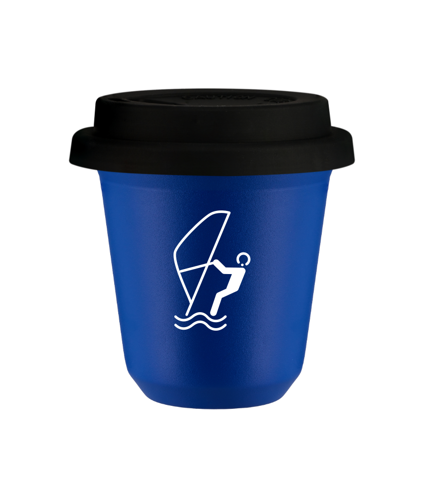 Tasse 80 ml BLEU "Sports nautiques (blanc)", avec couvercle noir