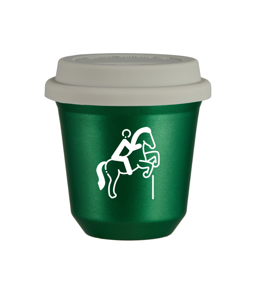 Tasse 240 ml VERT MÉTALLIQUE "Équitation 1 (blanc)", avec couvercle blanc Tasse 240 ml VERT MÉTALLIQUE "Équitation 1 (blanc)", avec couvercle blanc