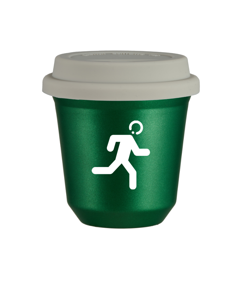 Tasse 240 ml VERT MÉTALLIQUE "Coureur (blanc)", avec couvercle blanc