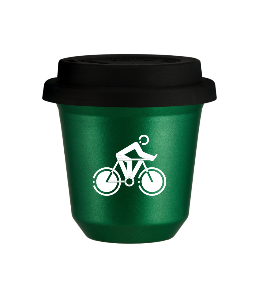 Tasse 240 ml VERT MÉTALLIQUE "Cyclisme 2 (blanc)", avec couvercle noir Tasse 240 ml VERT MÉTALLIQUE "Cyclisme 2 (blanc)", avec couvercle noir