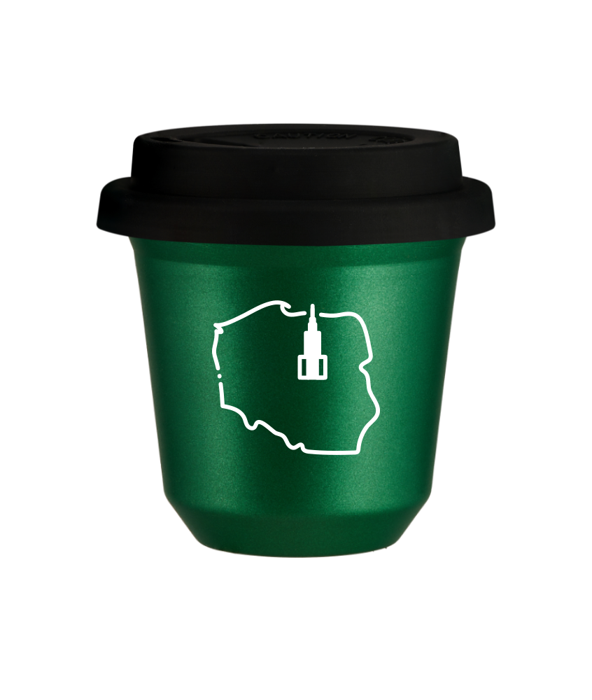 Tasse 240 ml VERT MÉTALLIQUE "Pologne (blanc)", avec couvercle noir Tasse 240 ml VERT MÉTALLIQUE "Pologne (blanc)", avec couvercle noir
