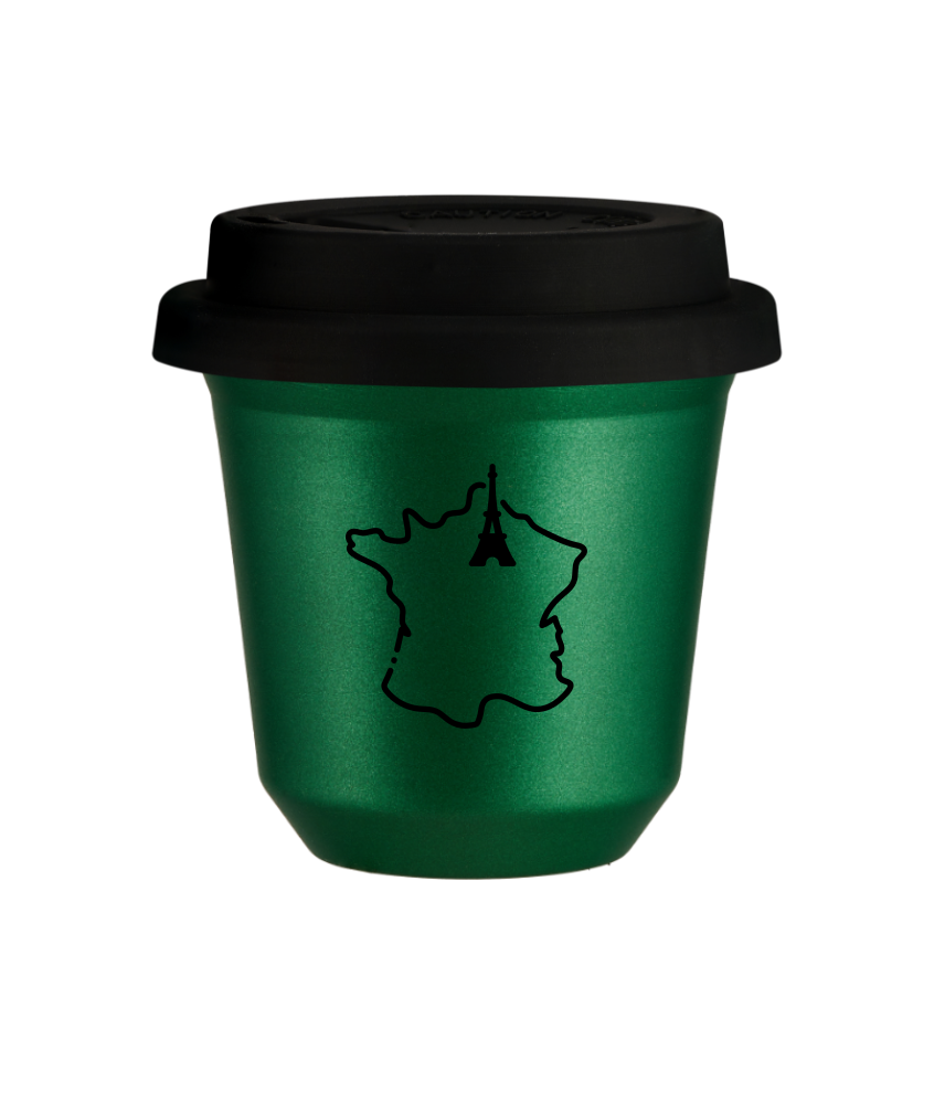 Tasse 240 ml VERT MÉTALLIQUE "France", avec couvercle noir Tasse 240 ml VERT MÉTALLIQUE "France", avec couvercle noir