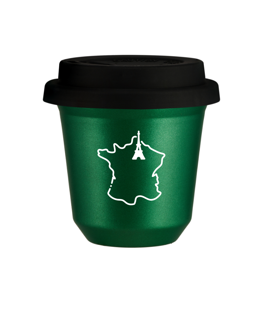 Tasse 240 ml VERT MÉTALLIQUE "France (blanc)", avec couvercle noir