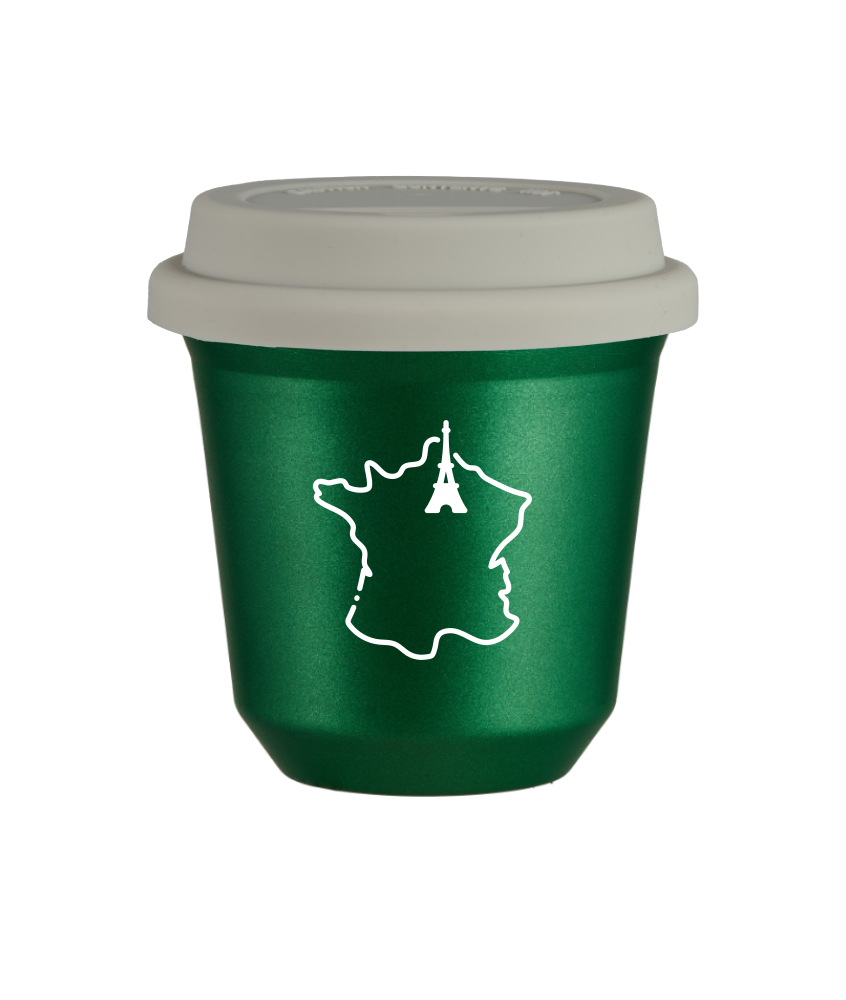 Tasse 240 ml VERT MÉTALLIQUE "France (blanc)", avec couvercle blanc Tasse 240 ml VERT MÉTALLIQUE "France (blanc)", avec couvercle blanc