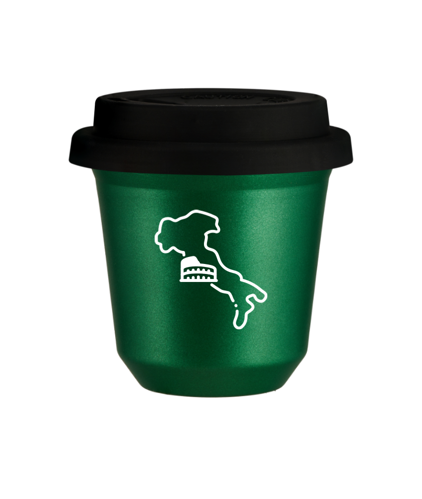 Tasse 240 ml VERT MÉTALLIQUE "Italie (blanc)", avec couvercle noir Tasse 240 ml VERT MÉTALLIQUE "Italie (blanc)", avec couvercle noir