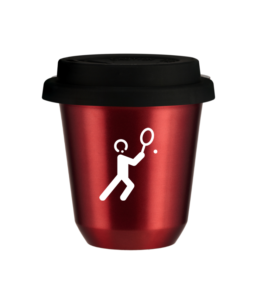 Tasse 240 ml ROUGE MÉTALLIQUE "Tennis 1 (blanc)", avec couvercle noir Tasse 240 ml ROUGE MÉTALLIQUE "Tennis 1 (blanc)", avec couvercle noir
