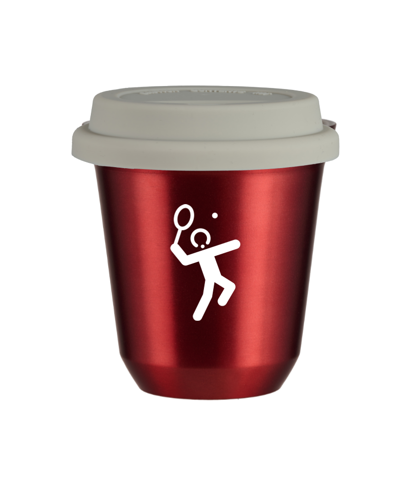 Tasse 240 ml ROUGE MÉTALLIQUE "Tennis 2 (blanc)", avec couvercle blanc