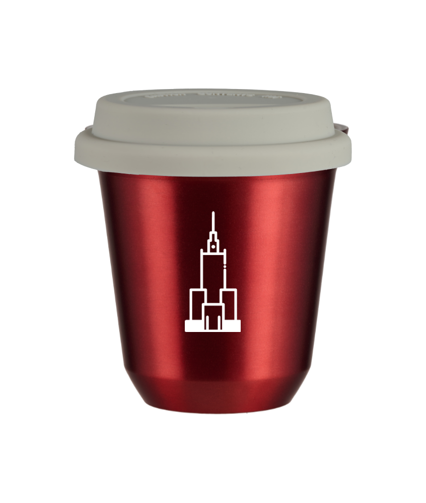 Tasse 240 ml ROUGE MÉTALLIQUE "Pałac kultury i nauki (blanc)", avec couvercle blanc