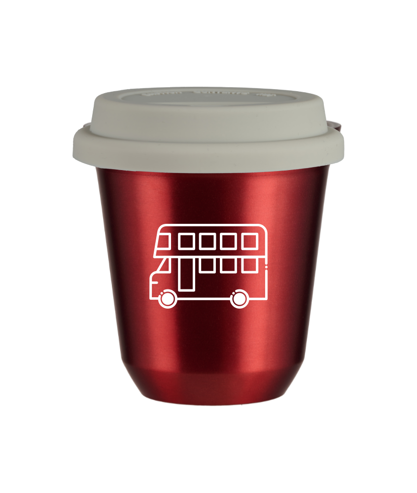 Tasse 240 ml ROUGE MÉTALLIQUE "Bus (blanc)", avec couvercle blanc Tasse 240 ml ROUGE MÉTALLIQUE "Bus (blanc)", avec couvercle blanc