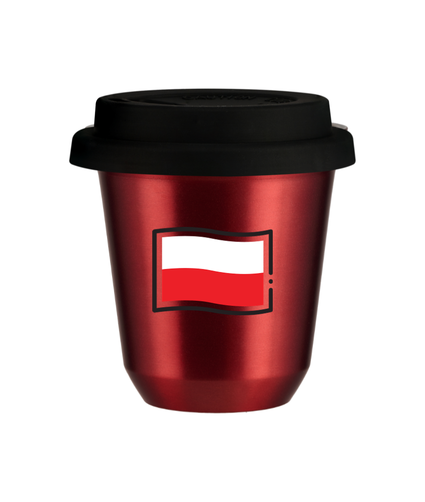 Tasse 240 ml ROUGE MÉTALLIQUE "Drapeau polonais", avec couvercle noir