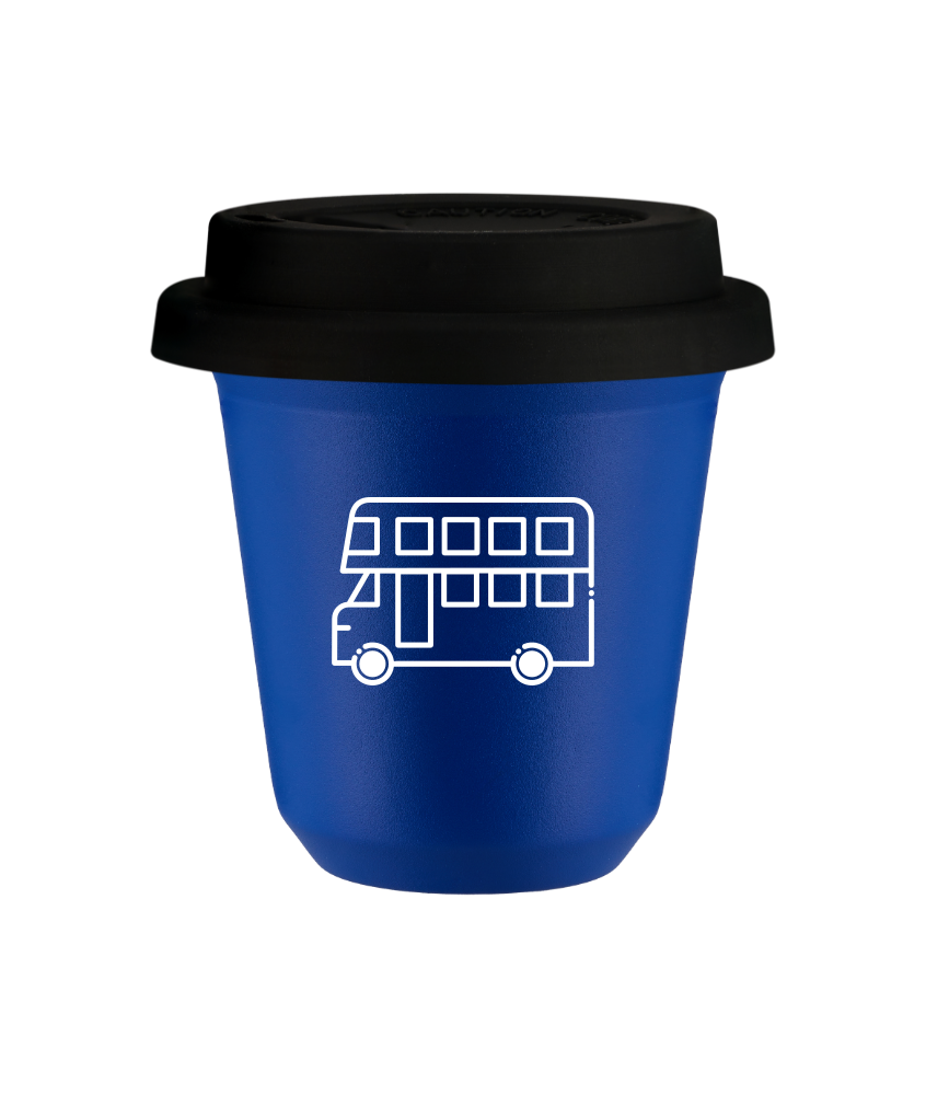 Tasse 80 ml BLEU "Bus (blanc)", avec couvercle noir Tasse 80 ml BLEU "Bus (blanc)", avec couvercle noir