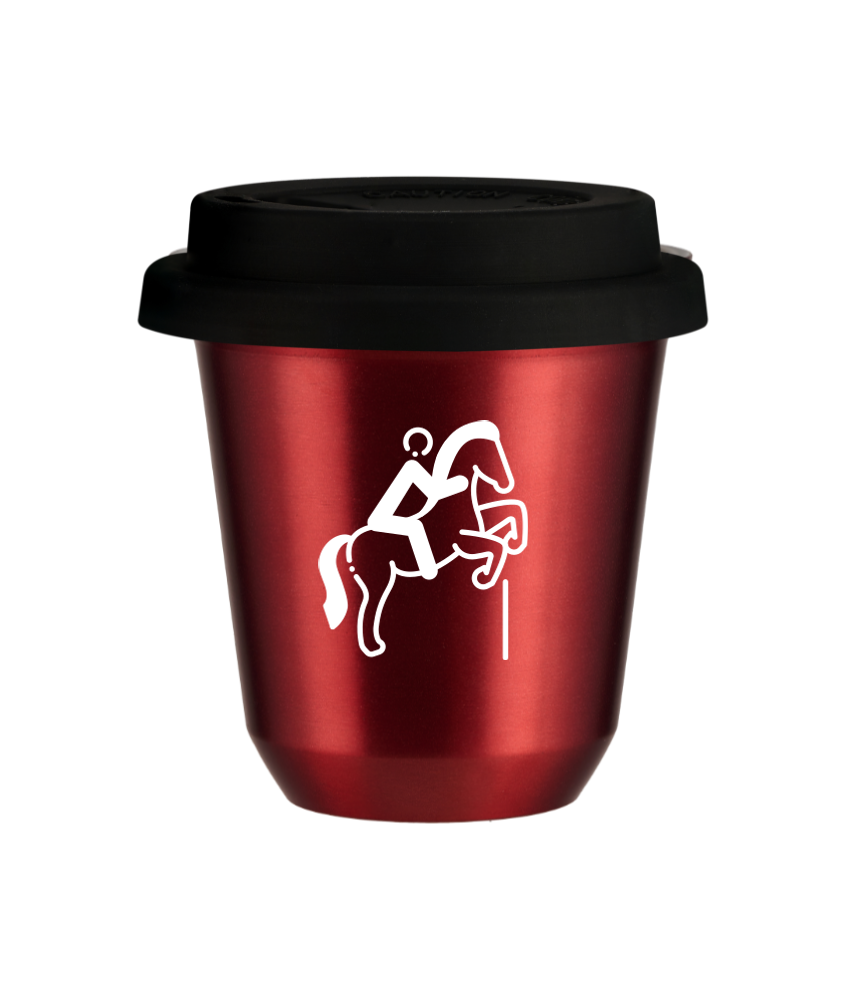 Tasse 240 ml ROUGE MÉTALLIQUE "Équitation 1 (blanc)", avec couvercle noir Tasse 240 ml ROUGE MÉTALLIQUE "Équitation 1 (blanc)", avec couvercle noir