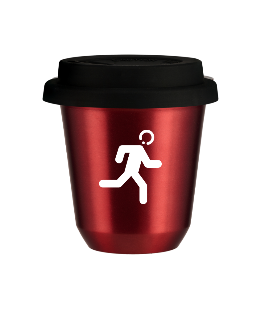 Tasse 240 ml ROUGE MÉTALLIQUE "Coureur (blanc)", avec couvercle noir