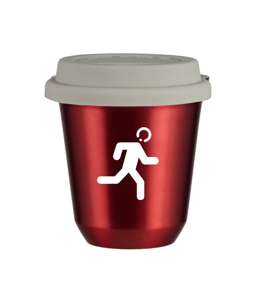 Tasse 240 ml ROUGE MÉTALLIQUE "Coureur (blanc)", avec couvercle blanc