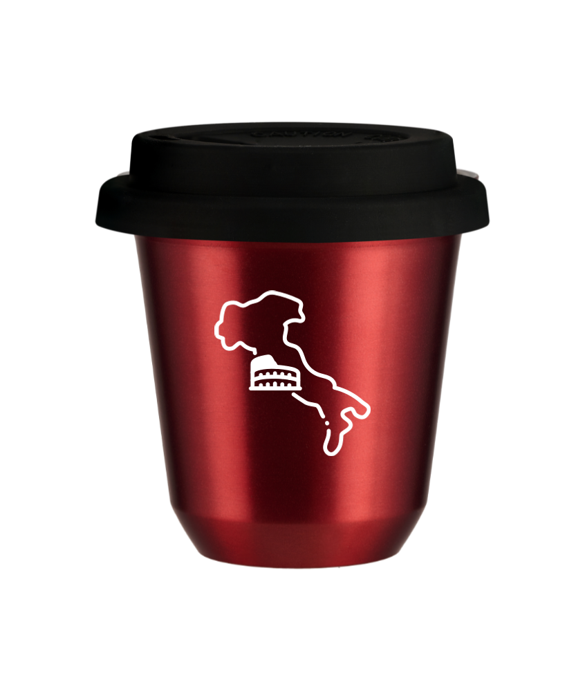 Tasse 240 ml ROUGE MÉTALLIQUE "Italie (blanc)", avec couvercle noir Tasse 240 ml ROUGE MÉTALLIQUE "Italie (blanc)", avec couvercle noir