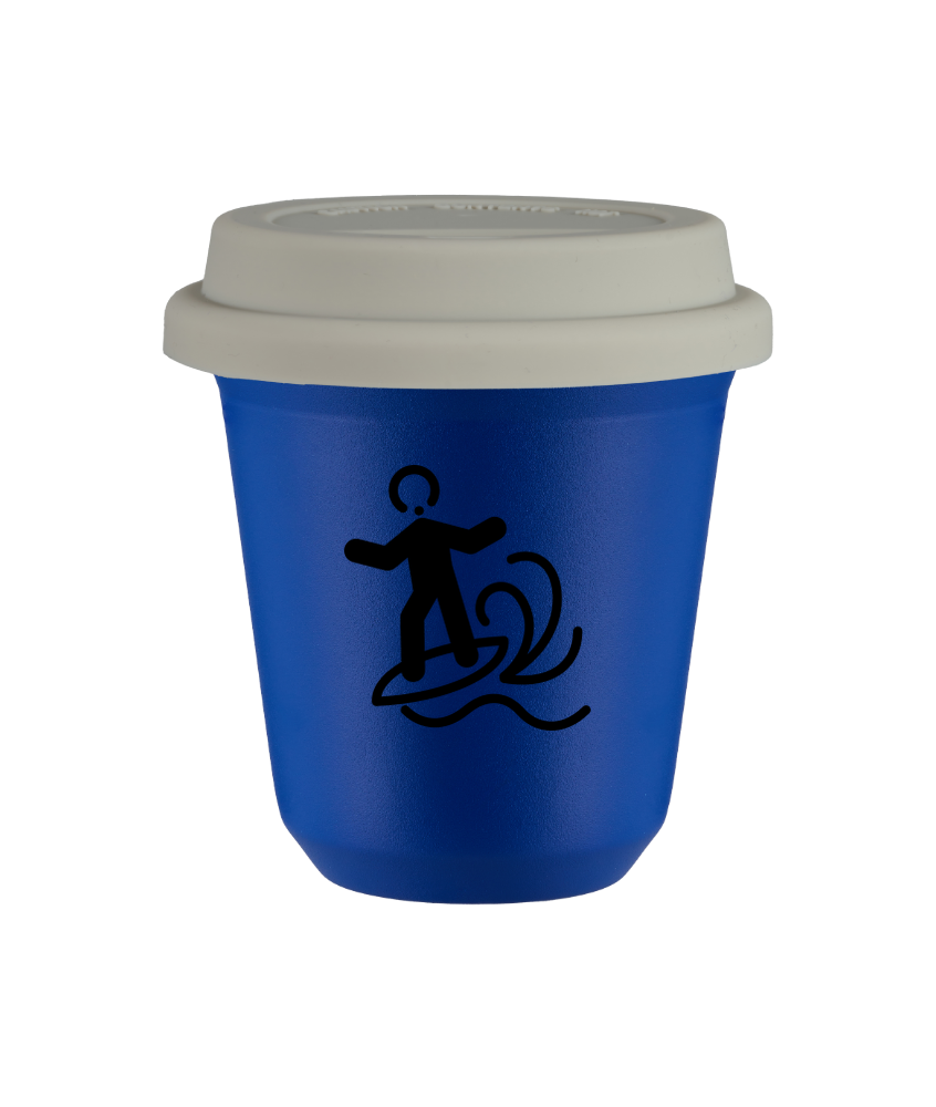 Tasse 80 ml BLEU "Planche à voile", avec couvercle blanc