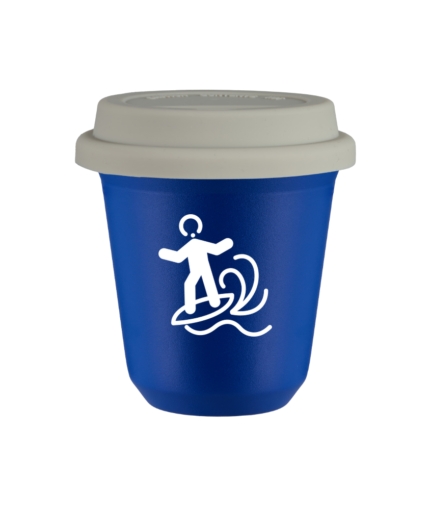 Tasse 80 ml BLEU "Planche à voile (blanc)", avec couvercle blanc