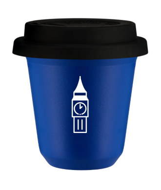 Tasse 80 ml BLEU "BIG BEN (blanc)", avec couvercle noir Tasse 80 ml BLEU "BIG BEN (blanc)", avec couvercle noir