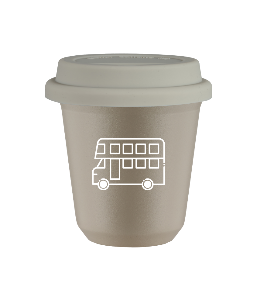 Tasse 240 ml BEIGE "Bus (blanc)", avec couvercle blanc