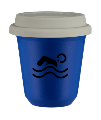 Tasse 80 ml BLEU "Natation (noir)", avec couvercle blanc Tasse 80 ml BLEU "Natation (noir)", avec couvercle blanc
