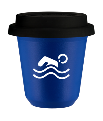 Tasse 80 ml BLEU "Natation (blanc)", avec couvercle noir Tasse 80 ml BLEU "Natation (blanc)", avec couvercle noir