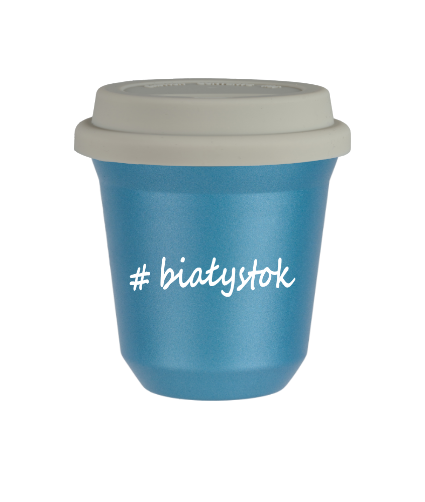 Tasse 80 ml BLEU CLAIR MÉTALLIQUE "Białystok", avec couvercle blanc Tasse 80 ml BLEU CLAIR MÉTALLIQUE "Białystok", avec couvercle blanc