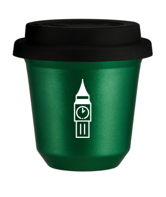 Tasse 80 ml VERT MÉTALLIQUE "BIG BEN (blanc)", avec couvercle noir Tasse 80 ml VERT MÉTALLIQUE "BIG BEN (blanc)", avec couvercle noir