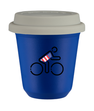 Tasse 80 ml BLEU "Cycliste aux couleurs britanniques (noir)", avec couvercle blanc Tasse 80 ml BLEU "Cycliste aux couleurs britanniques (noir)", avec couvercle blanc