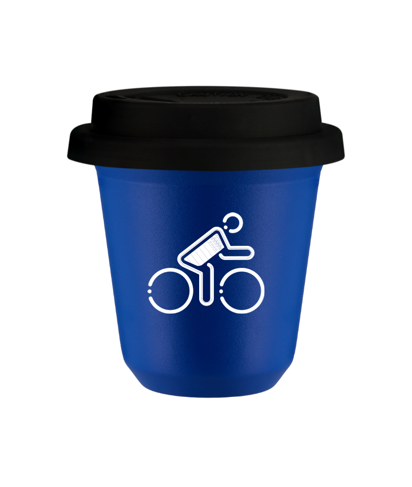 Tasse 80 ml BLEU "Cycliste aux couleurs britanniques (blanc)", avec couvercle noir
