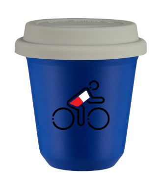 Tasse 80 ml BLEU "Cycliste aux couleurs polonaises", avec couvercle blanc Tasse 80 ml BLEU "Cycliste aux couleurs polonaises", avec couvercle blanc