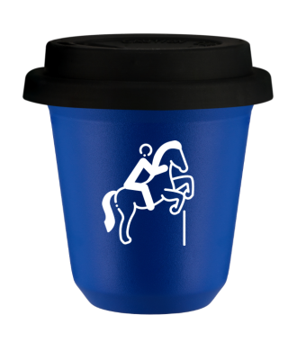 Tasse 80 ml BLEU "Équitation 1 (blanc)", avec couvercle noir Tasse 80 ml BLEU "Équitation 1 (blanc)", avec couvercle noir