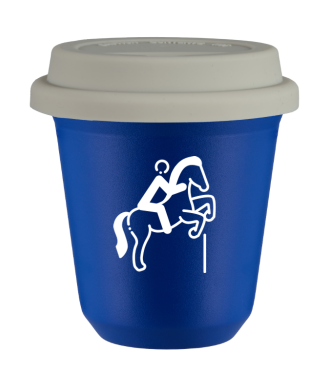 Tasse 80 ml BLEU "Équitation 1 (blanc)", avec couvercle blanc Tasse 80 ml BLEU "Équitation 1 (blanc)", avec couvercle blanc